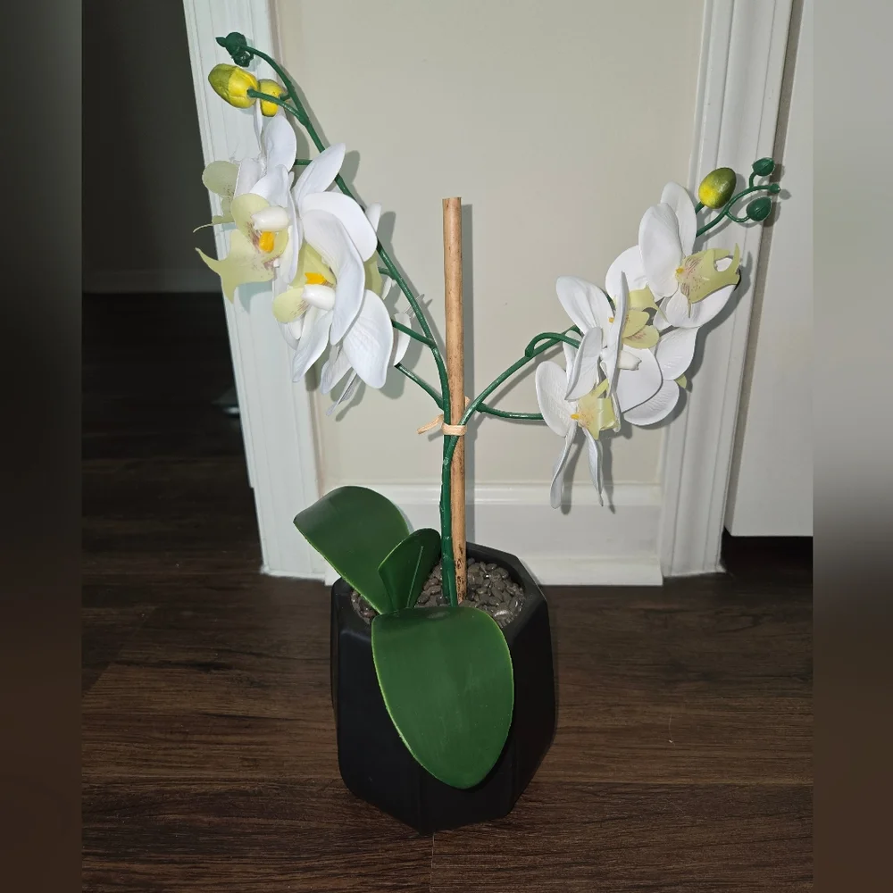 Elegant White Faux Orchid in Black Pot